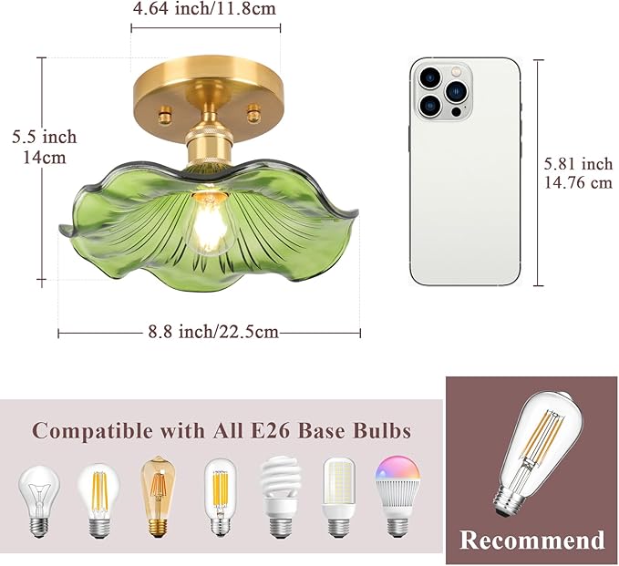 Semi Flush Mount Ceiling Light,Flower Hallway Vintage Lights Fixture Ceiling Green 8.8" Vintage Light Fixtures for Closet Hallway Kitchen Dining Room