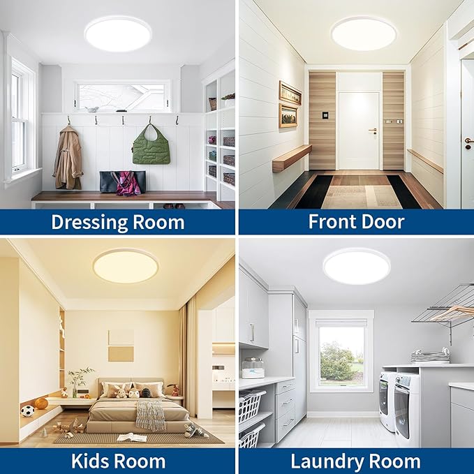 12 inch Flush Mount Led Ceiling Light Fixture, 24W 2400LM, Dimmable 3000K 4000K 6500K Adjustable, Modern White Lighting Fixtures for Bedroom, Kitchen, Home Office, Hallway, Wired