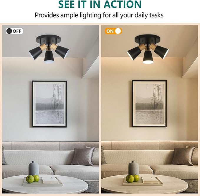 Industrial Flush Mount Ceiling Light Fixture, 3-Lights Multi-Directional Rotating Ceiling Lamp, Metal Black Kitchen Light Fixtures Ceiling Mount, Vintage Bedroom Ceiling Lights for Hallway Living Room