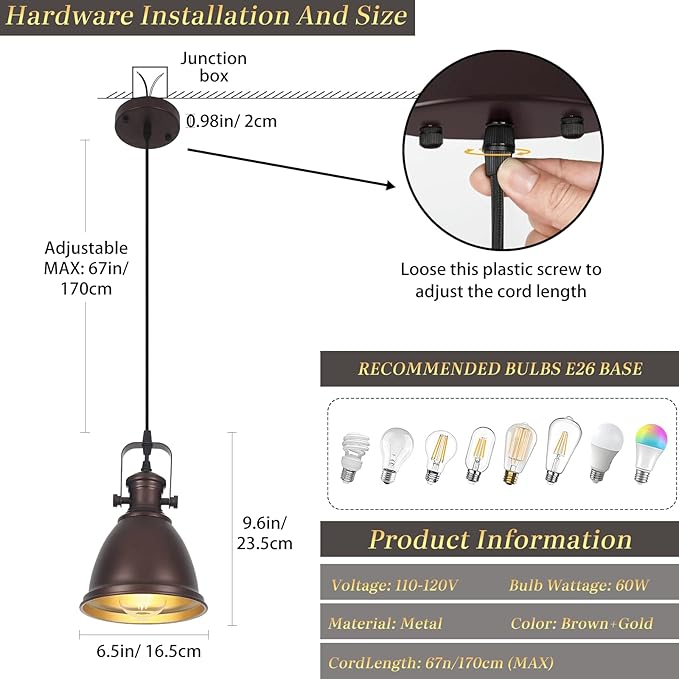Brown Pendant Lights Kitchen Island 3 Pack, Vintage Pendant Light, 6.5’’ Farmhouse Light Fixtures, Adjustable Height, Pendant Lighting for Dining Room, Living Room, Sink, Bar