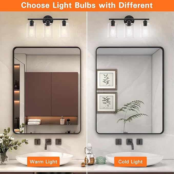 Espird Bathroom Vanity Light Fixtures Matte Black Bathroom Lighting Fixture, 3 Lights Bathroom Light Fixture Over Mirror, Modern Black Vanity Light, UL Certified Wall Sconces with Glass Shades