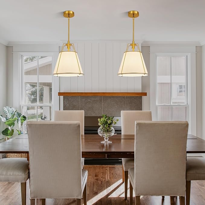 Modern Pendant Light Fixtures with 13" Off-White Linen Fabric Shade, Adjustable Hanging Light Fixture,Drum Gold Vintage Chandelier for Kitchen Island Bedroom Dining Room Foyer Entryway