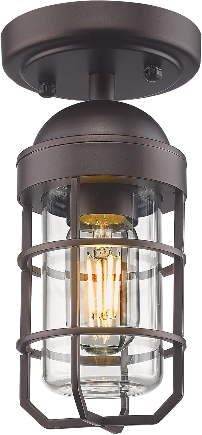 Emliviar Farmhouse Ceiling Light, Vintage Semi Flush Mount Light for Indoor, Security Light with Clear Tempered Glass, Oil Rubbed Bronze Finish, GE255F ORB