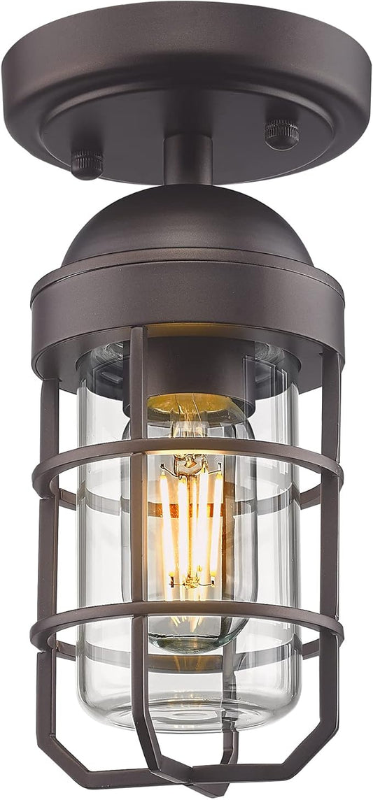 Emliviar Farmhouse Ceiling Light, Vintage Semi Flush Mount Light for Indoor, Security Light with Clear Tempered Glass, Oil Rubbed Bronze Finish, GE255F ORB
