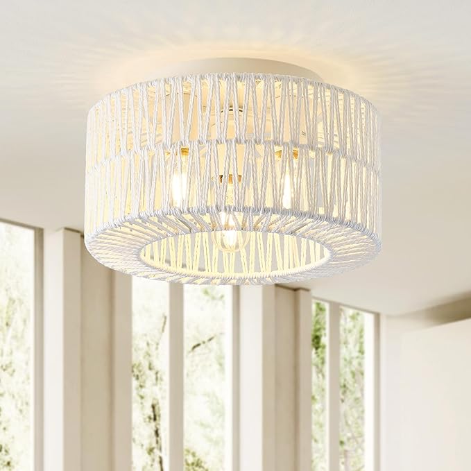 12.6”Rattan Flush Mount Ceiling Light Fixtures, 3-Light Boho Light Fixture Rattan Hand-Woven Chandelier Close to Ceiling Light Fixture for Bedroom Hallway Kitchen Dining Room Nursery(White)
