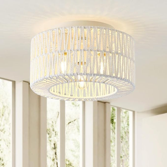 12.6”Rattan Flush Mount Ceiling Light Fixtures, 3-Light Boho Light Fixture Rattan Hand-Woven Chandelier Close to Ceiling Light Fixture for Bedroom Hallway Kitchen Dining Room Nursery(White)