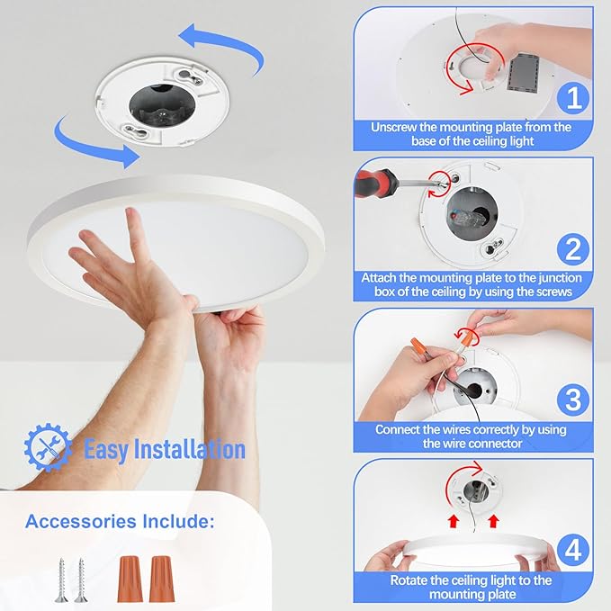 SunRider LED Flush Mount Ceiling Light Fixture, 5000K Daylight White, 2400LM, 12 Inch 24W White Round Flat Bedroom Lights, 240W Equiv. Non-Dimmable