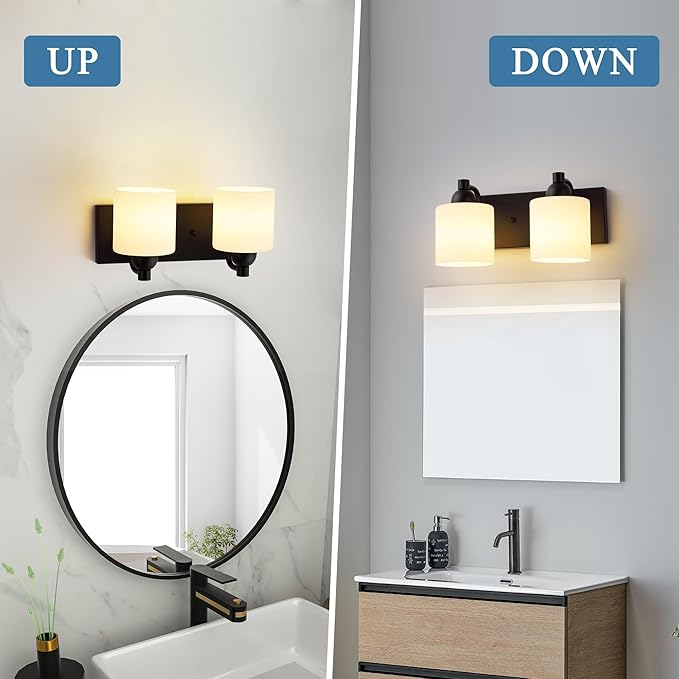 Mecgirn Milk Glass Vanity Lights for Bathroom, 2 Light Matte Black Bathroom Light Fixtures Over Mirror, Ceramic E26 Sockets Wall Mounted