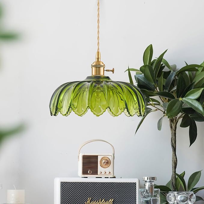 3 Pack Glass Pendant Lights Kitchen Island, Vintage Brass Pendant Light Fixtures, Adjustable Green Kitchen Pendant Lighting Over Island for Bedroom Living Room Hallway Dining Room