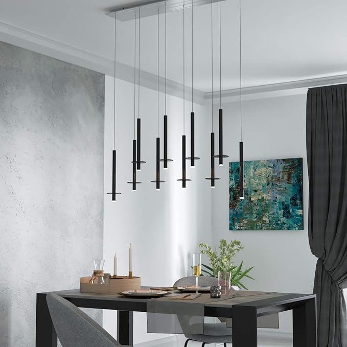 Draco 10 Pendant Lighting Black – LED Hanging Light Fixture for Kitchen Island, Bar, Foyer – Equilateral Cluster of Mini Metal Rod Pipe Tube Cylinders – Dimmable, Adjustable Wire, Lamp Bulb Included