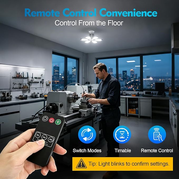 TANBABY 260W Motion Sensor Garage Lights, 30000LM Shop Lights with Remote Control 3 Modes (ON/Off/AUTO), 30/60/120s Timer, E26 Screw-in Deformable 6-Panel 6500K Ceiling Light for Garage Shop (2 Pack)