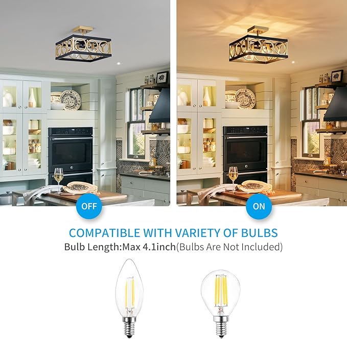 XINGQ Black and Gold Ceiling Light Fixture Modern 4-Light 13'' Semi Flush Mount Ceiling Lights for Living Dining Room Bedroom with Square Metal Shade, E12 Bulb Base