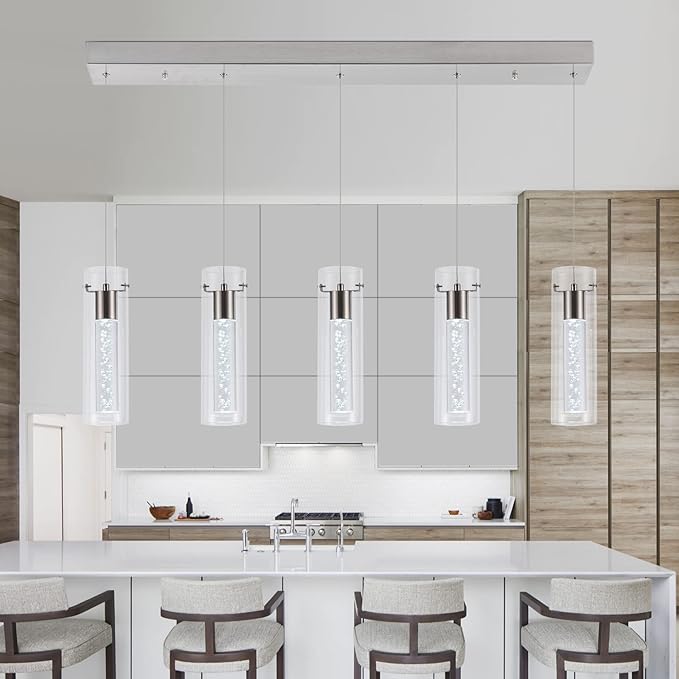 Dimmable Kitchen Pendant Lights, Brushed Nickel Remote Control led Pendant Lighting,3D Modern Pendant Light for Kitchen Dinning Room, Living Room, Corridor, Cafe bar, Club, Restaurant