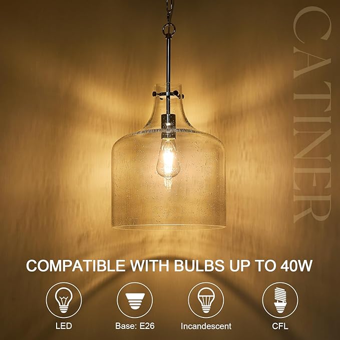 CATINER 12" Chrome Seeded Glass Pendant Light, Modern Farmhouse Hanging Ceiling Light Fixture for Kitchen Island, Dining Room, Hallway, Hand-Blown Bubble Glass Shade, E26 Dimmable Pendant Lighting
