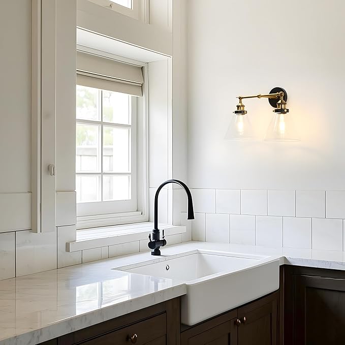 PERMO Industrial 2-Lights Wall Sconces with Dual Funnel Clear Glass Shade Double Sconce Antique Wall Sconce for Mirror Hallway Bedroom, Hardwired, E26 Base