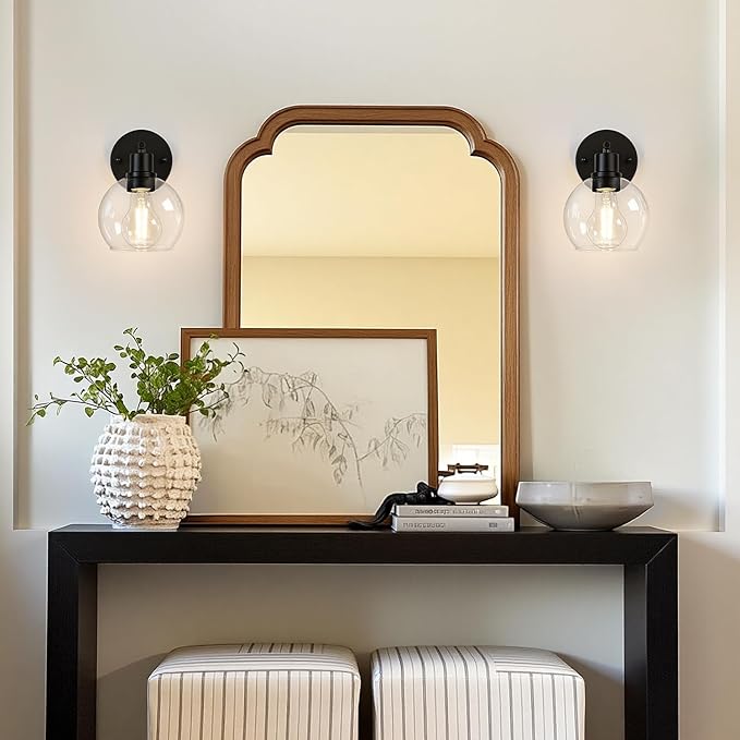 Indoi Matte Black Wall Sconces Set of 2, Clear Glass Vanity Light Fixtures with E26 Base, Reversible Up or Down Wall Lights for Living Room, Bathroom, Bedroom, Hallway, Kitchen