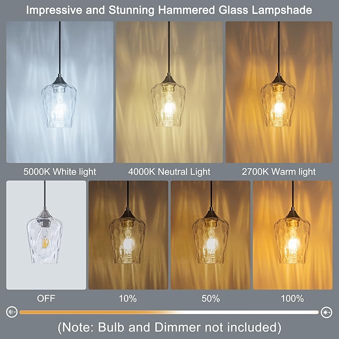 2 Pack Mini 5.1" Hammered Glass Pendant Light Fixtures, Small Modern Kitchen Pendant Lights with Hammered Glass Shades, Hanging Brushed Nickel Pendant Lights Kitchen Island Lighting for Sink