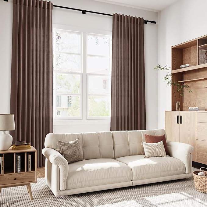 Cappuccino Linen Curtains for Living Room 105 Inches Long Light Filtering Semi Sheer Curtain Back Tab Rod Pocket Luxury Modern Rustic Home Decor Neutral Drapes for Bedroom Dinner Room 52x105, 2 Panels
