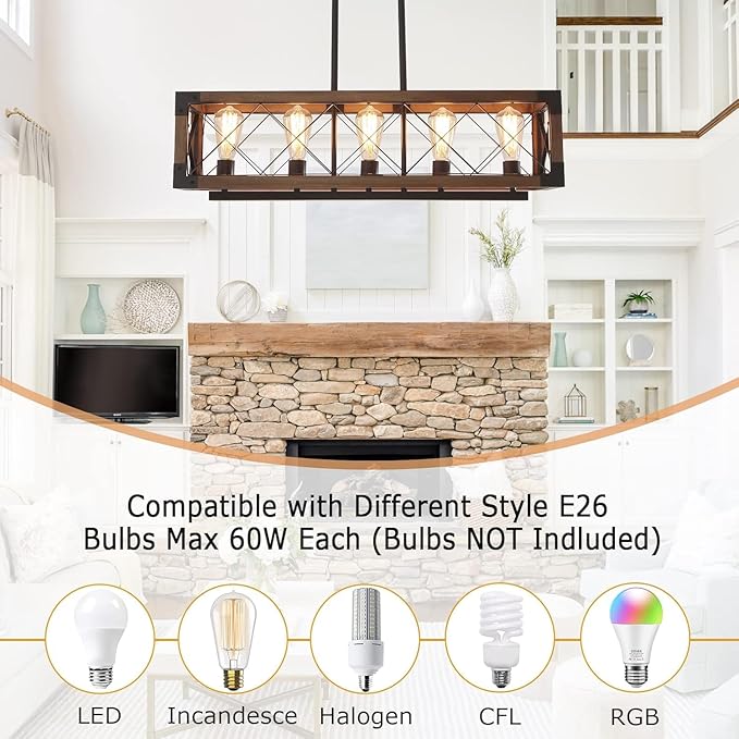 Lingkai Kitchen Island Lighting, 32 Inch 5 Light Farmhouse Linear Chandelier Dining Room Pool Table Pendant Light Fixtures, Rustic Wood Grain Finish