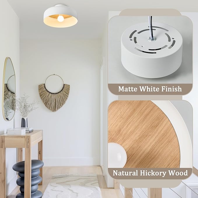 Modern Semi Flush Mount Ceiling Light with Natural Hickory Wood, 12.6" Matte White Light Fixture for Entryway, Hallway, Kitchen, E26 Base