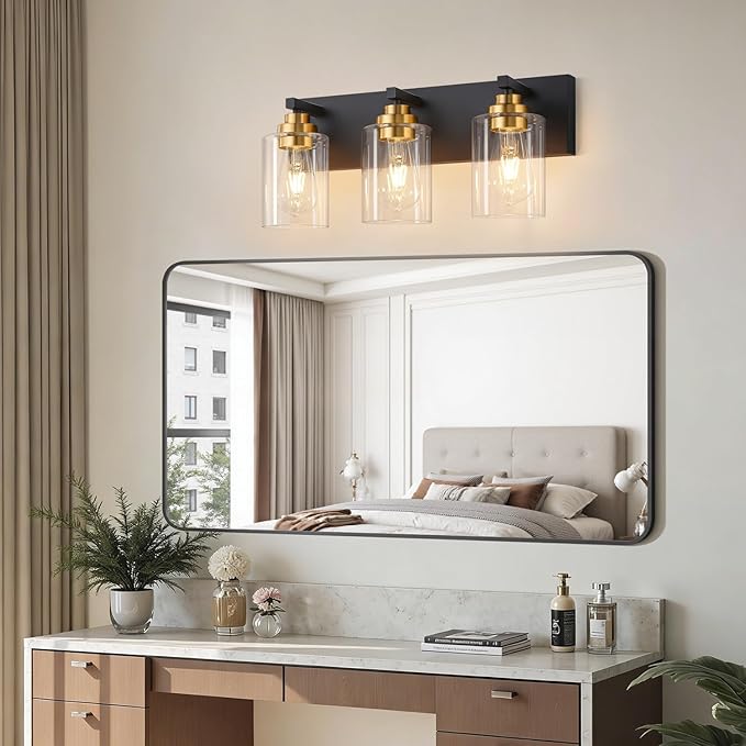 Fivesun Bathroom Vanity Light Fixture, 3-Light Black and Gold Bathroom Light Fixtures Over Mirror with Clear Glass Shades, Modern Vanity Lights for Bathroom Living Room Hallway (Bulbs Not Included)