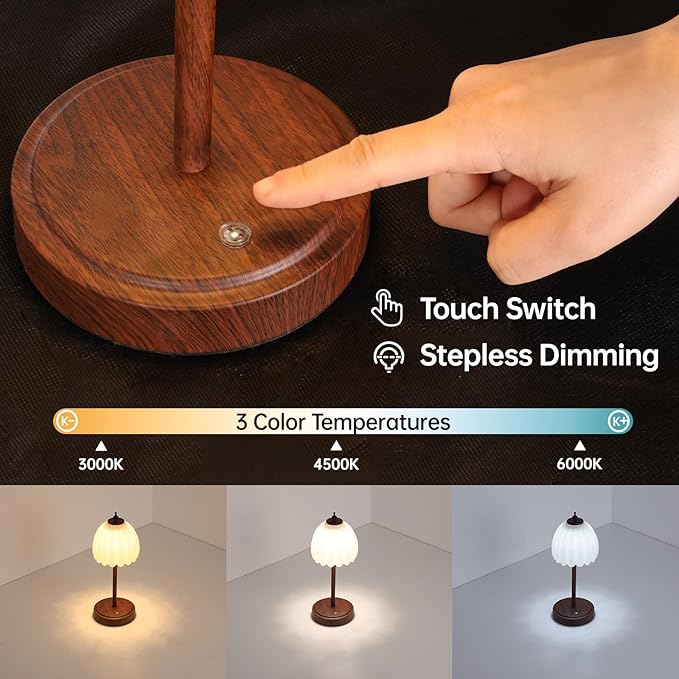 Shenmoyl Tulip Table Lamp with 5200mAh Battery & Touch Control, Small Cordless Table Lamp with 3 Colors, Rechargeable Battery Operated Table Lamps for Bedroom, Desk, Bedside (White-Walnut Color)