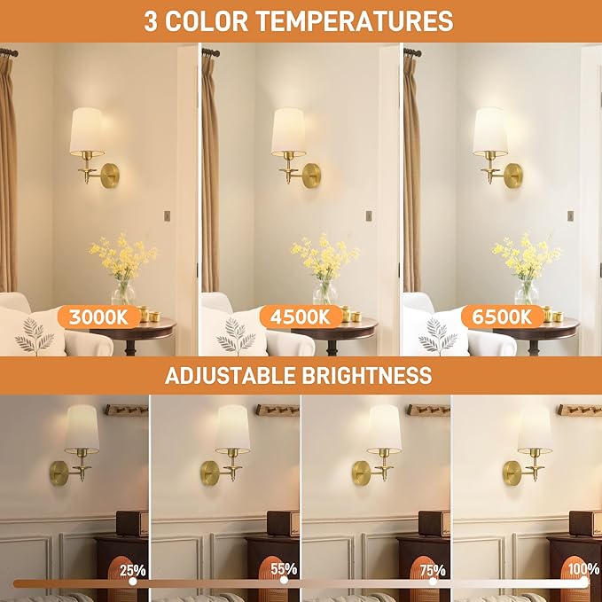 Battery Operated Wall Sconces Set of Two, Wireless Wall Sconces with Remote Control, 3CCT Dimmable Rechargeable Wall Lights, Gold Wall Lamps for Bedroom, Living Room, RGB Bulbs Included, ETL Listed