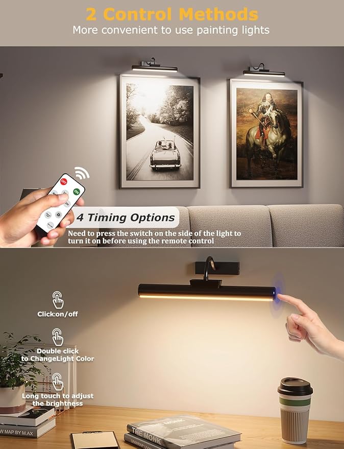 Skairipa Picture Light with Remote, 16in Battery Operated Picture Lights for Wall 5000mAh, 3 Color Modes and Dimmable LED Art Lighting with Timer for Painting, Frame, Gallery (Black-1Pack)
