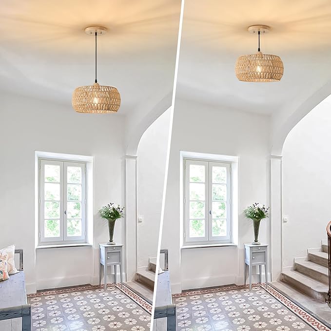 13 Inch Rattan Pendant Lights Farmhouse Boho Chandelier Light Fixture Rustic Wicker Hand Woven Pendant Hanging Light for Dining Room Kitchen Bedroom Foyer Hallway