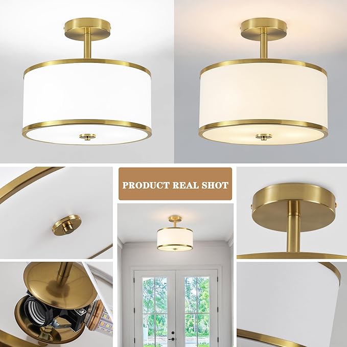 BUXVRCS Semi Flush Mount Ceiling Light Fixture, 3-Light Drum Lighting Fixtures, Hallway Light Fixture Ceiling Mount with Fabric Shade, Close to Ceiling Light for Bedroom Bathroom (Gold)