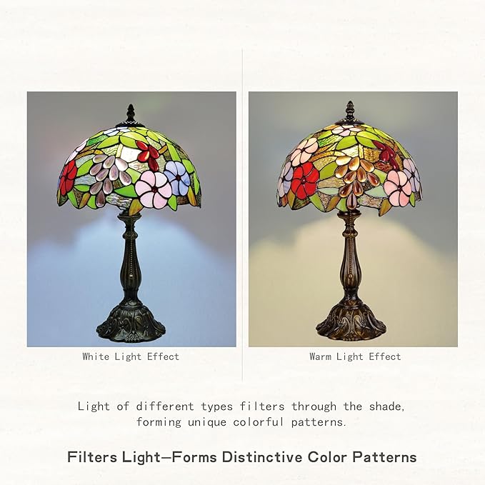 Tiffany Style Green Stained Glass Table Lamp, Purple Grape Colorful Blossom Desk Light with Antique Bronze Resin Base, Decorative Lighting for Bedroom, Living Room, Office 12X12X19 Inch