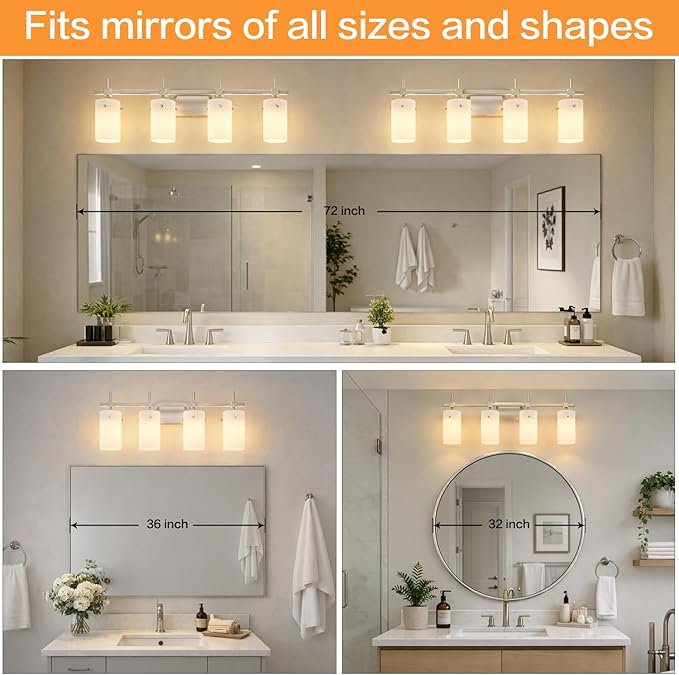 SOLFART 4 Light Bathroom Vanity Lights Over Mirror, Vintage Bathroom Lighting Brushed Nickel Wall Sconce with Milky White Glass Shade