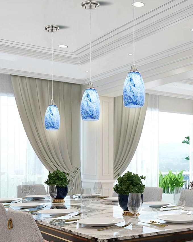 karyfine Mini Pendant Lights Kitchen Island White Blue Glass Lamp Shade Hand Blown Glass Pendant Light with Brush Nickel Finish Adjustable Cord for Kitchen Over Sink Hallway,Dining Room,Stairs Way