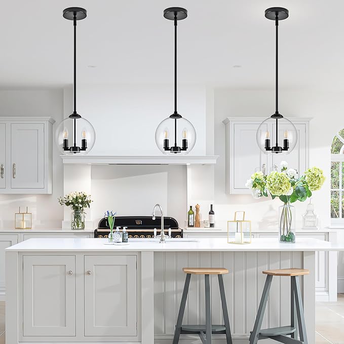 10" Globe Pendant Lights Kitchen Island Glass Globe Pendant Light Fixture Bedroom Mid Century Modern Pendant Lighting Black Pendant Light for Kitchen Island Dinning Room (Bulb Incl.)