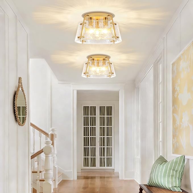 Gold Semi Flush Mount Ceiling Light 3-Light Modern Hammered Glass Chandelier Entryway Light Fixtures Kitchen Lighting Close to Ceiling Lights for Hallway Dining Room Bathroom Bedroom Foyer