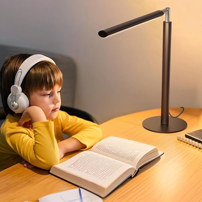 SIBRILLE Brown LED Desk Lamp, 16" Dimmable Metal Desk Light with Base, 15W 1200LM, Adapter Included, Color & Brightness Adjustable, Modern Tall Table Lamp for Home Office Reading Study Task Laptop