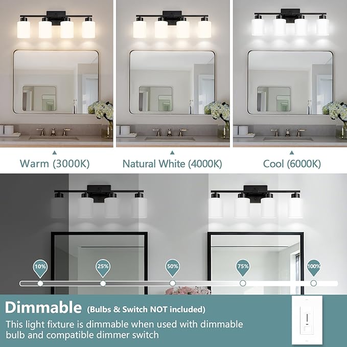 Black Bathroom Light Fixtures, 4-Light Modern Vanity Lights with Milky White Frosted Glass Shades, Wall Sconces for Mirror, Bathroom, Restroom (E26 Socket)