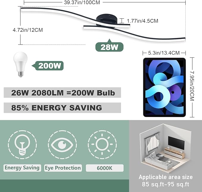 28W Linear Ceiling Light Black Modern LED Ceiling Light Fixture 6000K Aluminum 39.37Inch Long Ceiling Lamp for Hallway, Kitchen, Bedroom, Dining Room