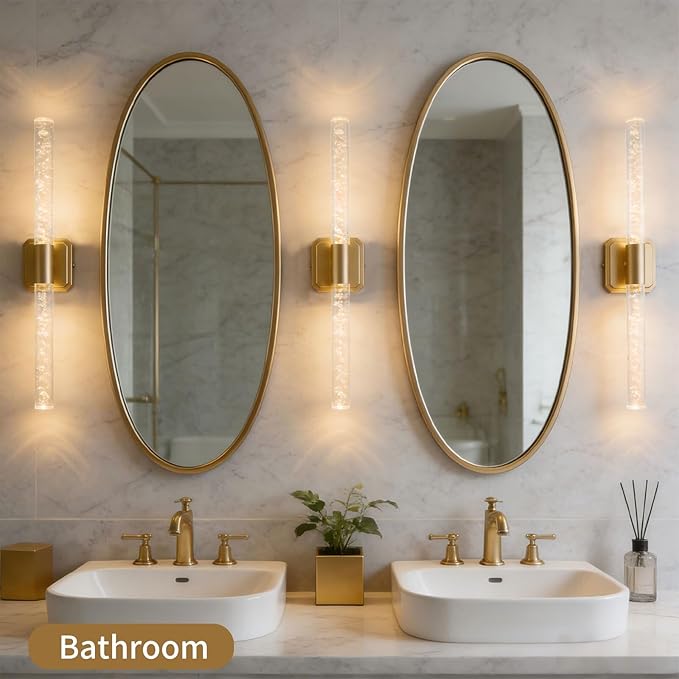 HISTAR Battery Operated Wall Sconce, 10000mah Rechargeable Gold Crystal Wall Sconce, 3 Colors 360° Rotate Wireless Wall Scone Decor for Bathroom Bedside Hallway Picture, 20.5 Inch