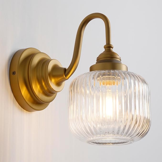 Vintage Industrial Wall Sconce Lighting with Clear Striped Glass Shade, Hardwired Wall Vanity Light Fixture for Bathroom Kitchen Living Room Bedroom Hallway