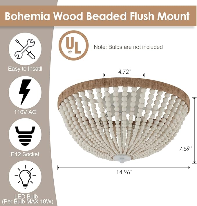 Dia 14.96" Boho Flush Mount Light Fixture Wood Bead, Farmhouse Chandelier, Antique Rustic Ceiling Light Fixture for Kitchen Hallway Entryway Laundry Bedroom Nursery Passway
