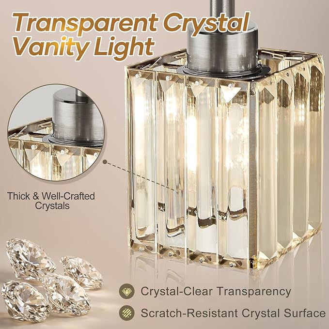 Torondo Modern Crystal Bathroom Vanity Light 4-Light Brushed Nickel Bathroom Light Fixtures Over Mirror Vanity Lighting Fixtures Square Shade Brass Wall Sconce (Bulbs Not Include)
