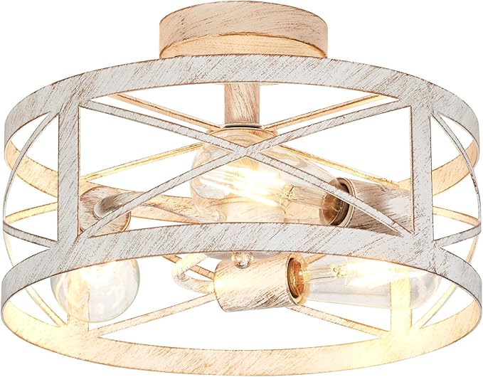 Rustic 3-Light Semi-Flush Mount Ceiling Light 13 Inches Round Lighting Fixtures for Kitchen Island Dining Room Bedroom Farmhouse Foyer Hallway Front Door, White & Gold