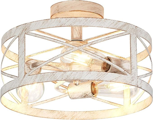 Rustic 3-Light Semi-Flush Mount Ceiling Light 13 Inches Round Lighting Fixtures for Kitchen Island Dining Room Bedroom Farmhouse Foyer Hallway Front Door, White & Gold