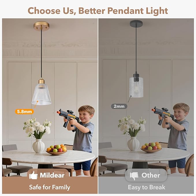 Pendant Light Kitchen Island, Modern Pendant Light Fixture with 5.8mm Thick Glass Shade, Adjustable Gold Hanging Light Fixture for Kitchen Sink, Dining Room, Entryway, 1 Pack