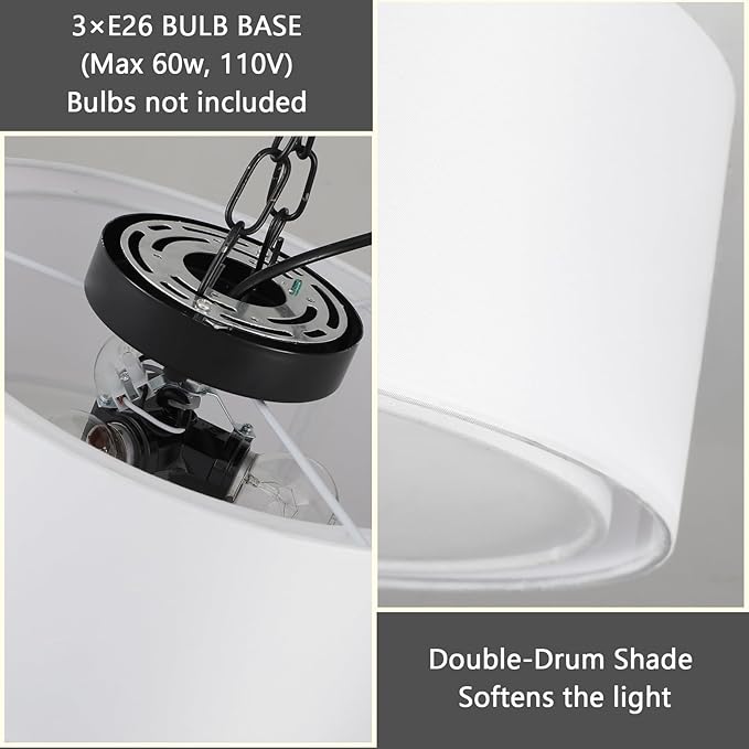Luupyia 3-Light Double Fabric Drum Ceiling Light Fixture, 12.59 Inches Simple Semi Flush Mount Ceiling Lights with Double Fabric Shade, Modern Drum Chandelier for Bedroom, Hallway E26, 60W