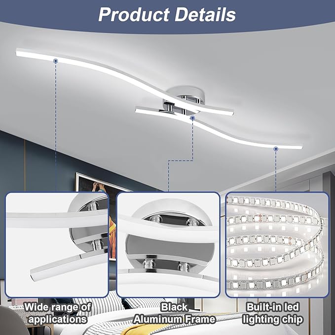 28W Chrome Linear Ceiling Light Modern LED Ceiling Light Fixture 6000K Aluminum 39.37Inch Long Ceiling Lamp for Hallway, Kitchen, Bedroom, Dining Room