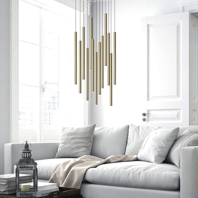 CANALIS 13 Mini Pendant Lighting Brass - LED Hanging Light Fixture for Kitchen Island, Bar, Foyer - Cluster Pendants - Dimmable, Adjustable Wire, Lamp Bulb Included