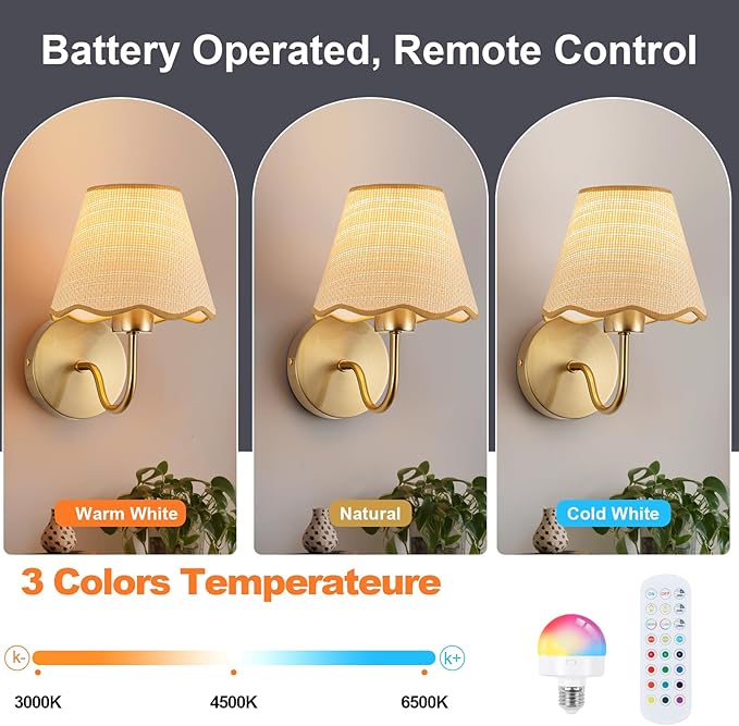 ADISUN Battery Operated Wall Sconce Set of 2, Gold Wall Lamps Rechargeable Bulbs for Living Room, Rattan Shade Wireless Wall Lights for Bedroom Living Room Hallway Kitchen(2 Bulbs Included)