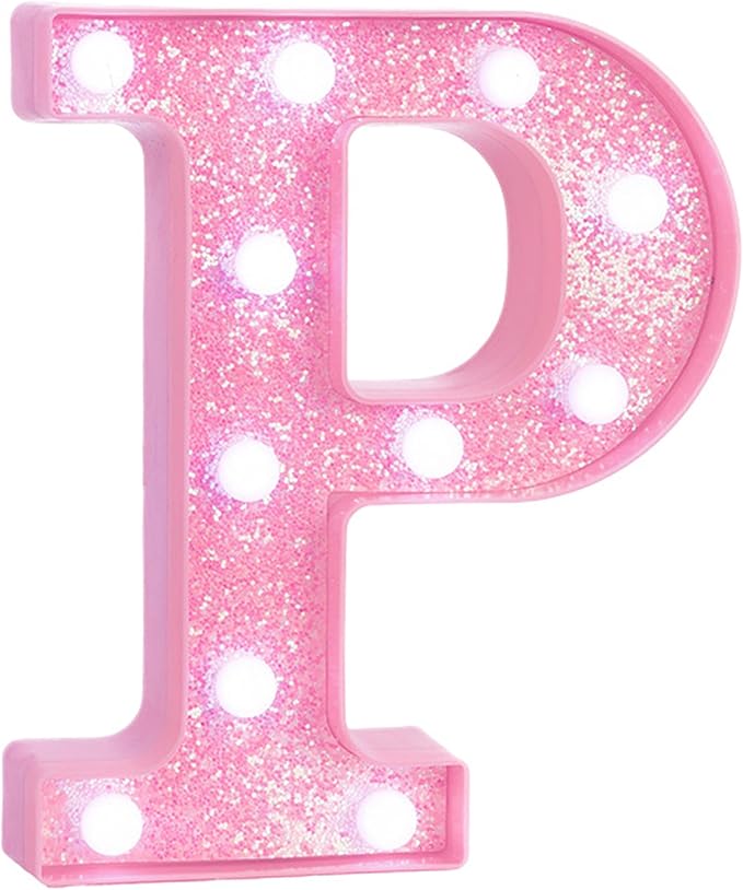 Pink Marquee Light Up Letters, Glitter Alphabet LED Letter Lights for Pink Birthday Party Decorations, Battery Operated Letter Sign for Girls Room Vanity Table Decor, Cool White Lights Letter P